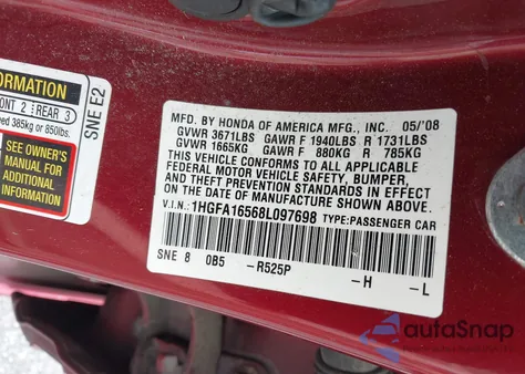 2008 Honda Civic Lx from USA, damaged, VIN 1HGFA16568L097698